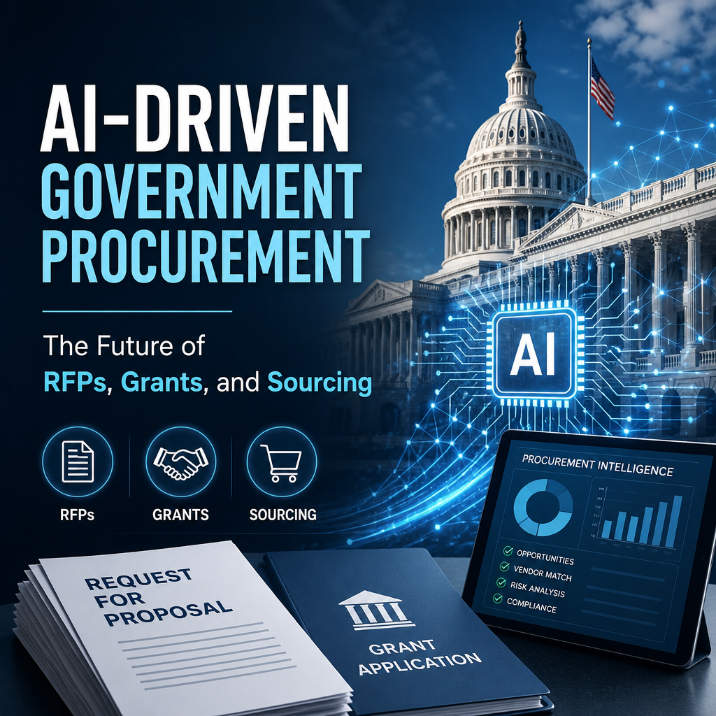 AI government procurement dashboard showing digital RFPs, grants, sourcing, and contract management tools.