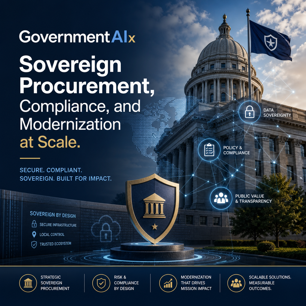 GovernmentAIx dashboard illustrating sovereign procurement, compliance, and secure AI modernization for public-sector data.