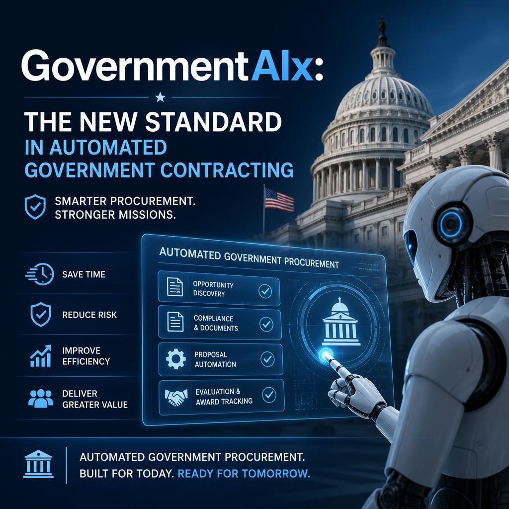 AI-powered automated government procurement interface with a futuristic robot and the U.S. Capitol.