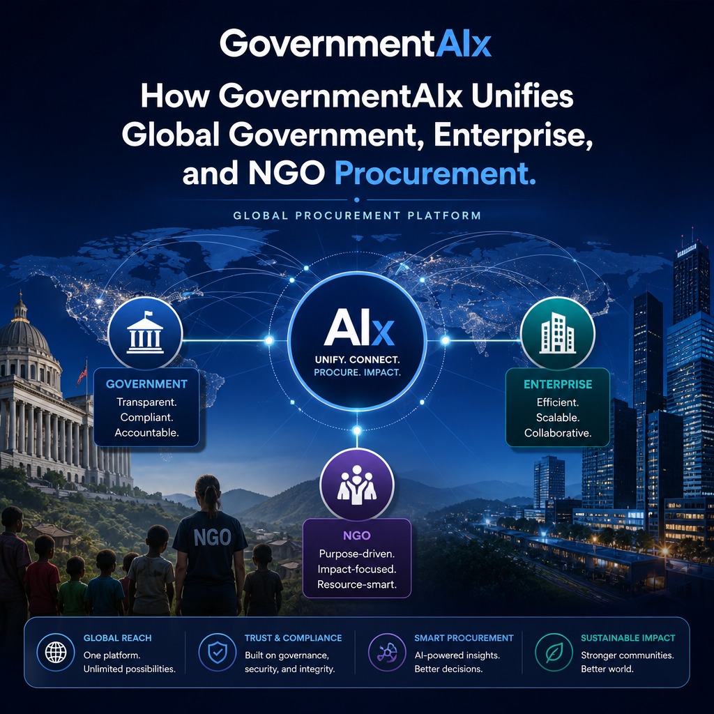 GovernmentAIx infographic showing an AI-powered global procurement platform connecting government, enterprise, and NGO sector