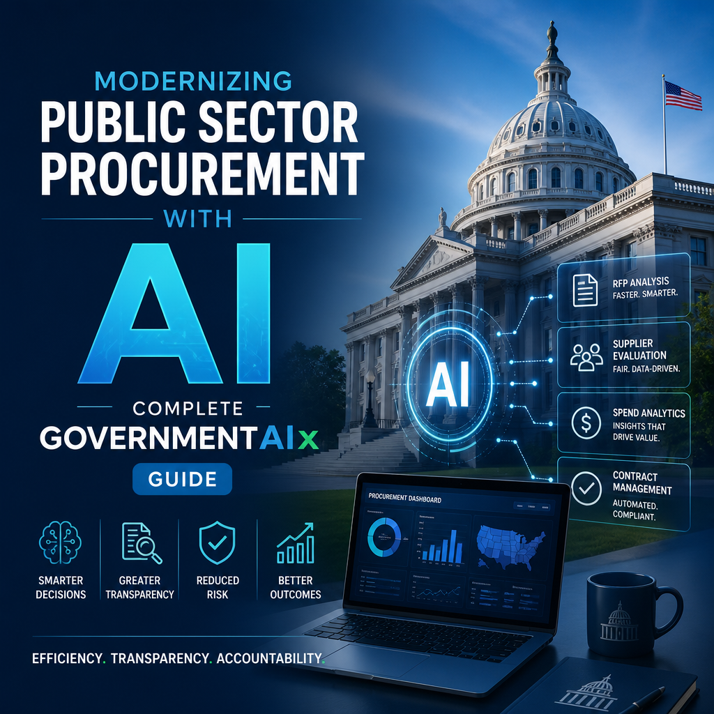 AI-powered government procurement guide with the U.S. Capitol, digital dashboards, and public sector efficiency insights.