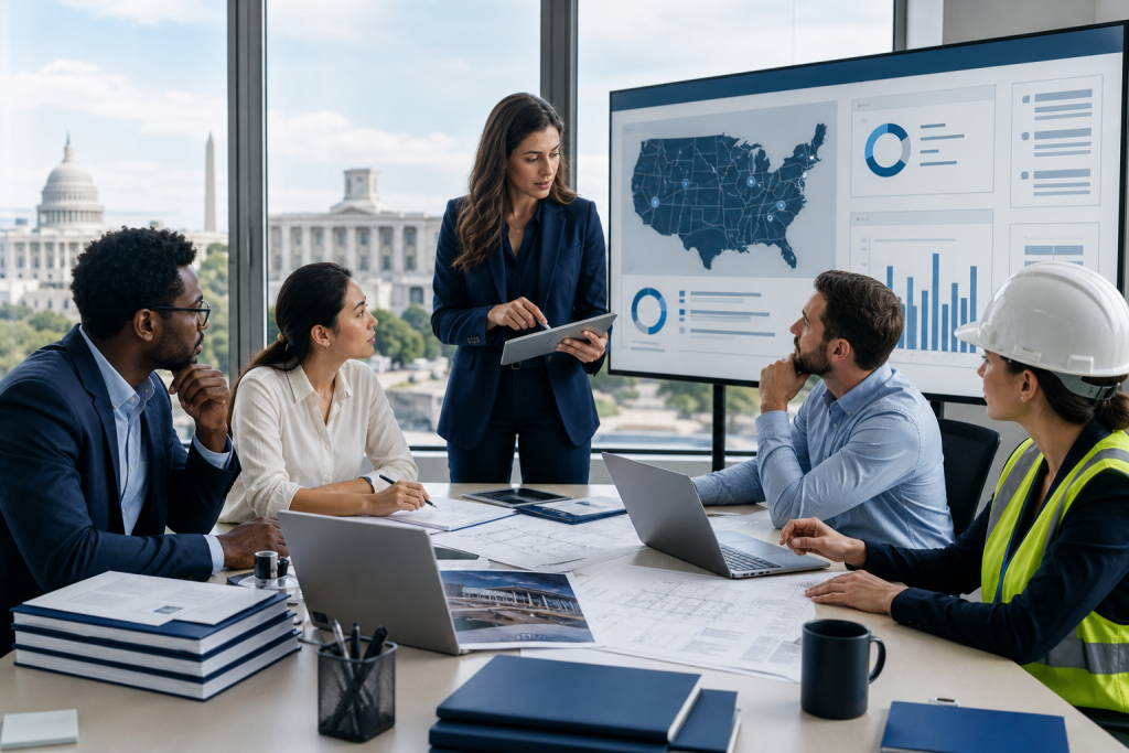 A team reviews construction plans and data charts during a project meeting in a Washington, D.C., office