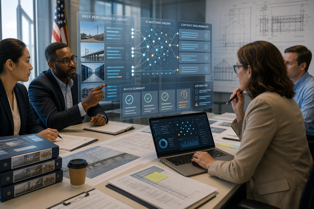 Architectural team reviewing an AI dashboard matching past projects with contract requirements and identifying gaps