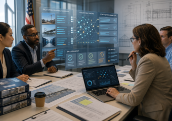 Architectural team reviewing an AI dashboard matching past projects with contract requirements and identifying gaps