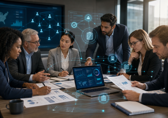 Business team collaborating around a table with reports and a laptop displaying data dashboards
