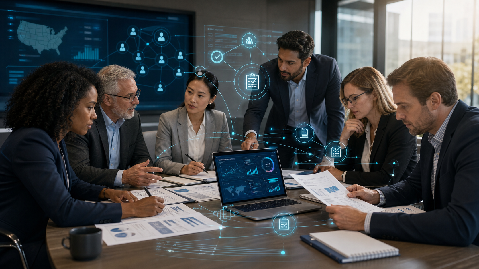 Business team collaborating around a table with reports and a laptop displaying data dashboards