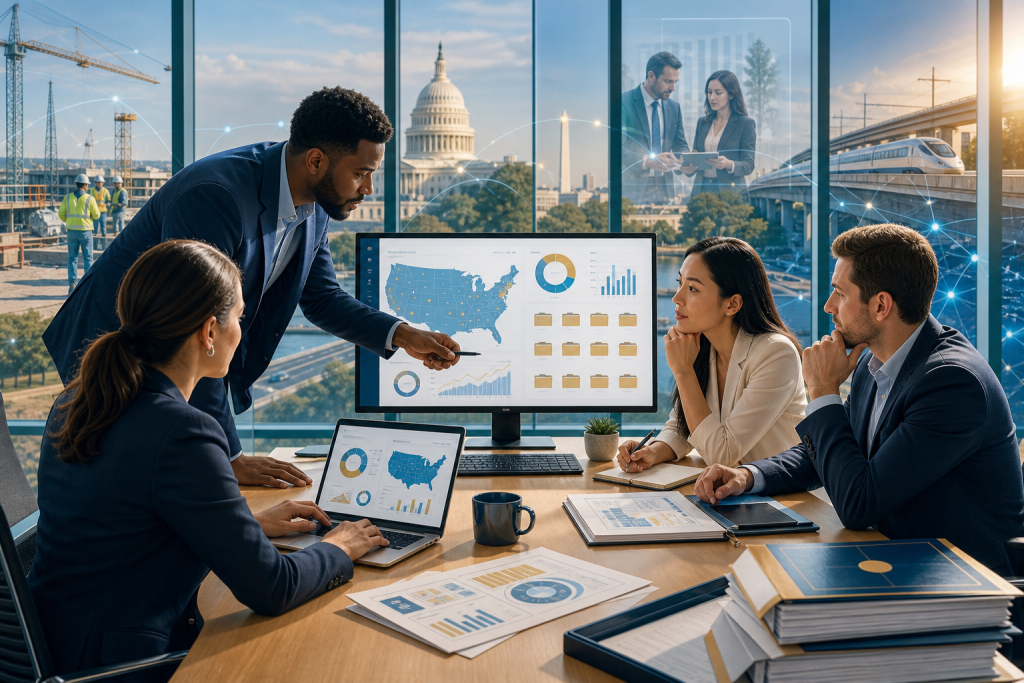 Business team reviewing maps and charts on laptops and a monitor in an office overlooking Washington, D.C