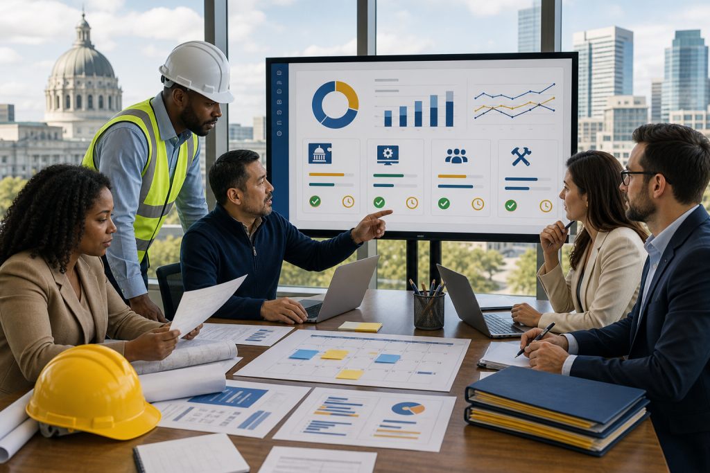Construction project team reviewing plans, laptops, and performance charts on a large monitor