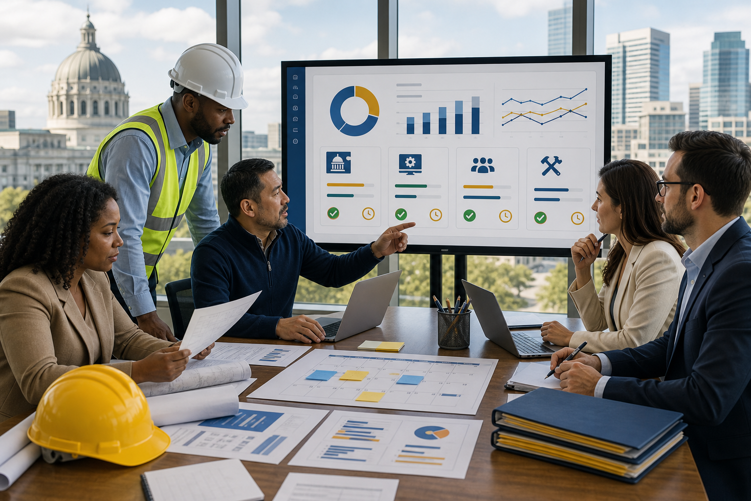 Construction project team reviewing plans, laptops, and performance charts on a large monitor
