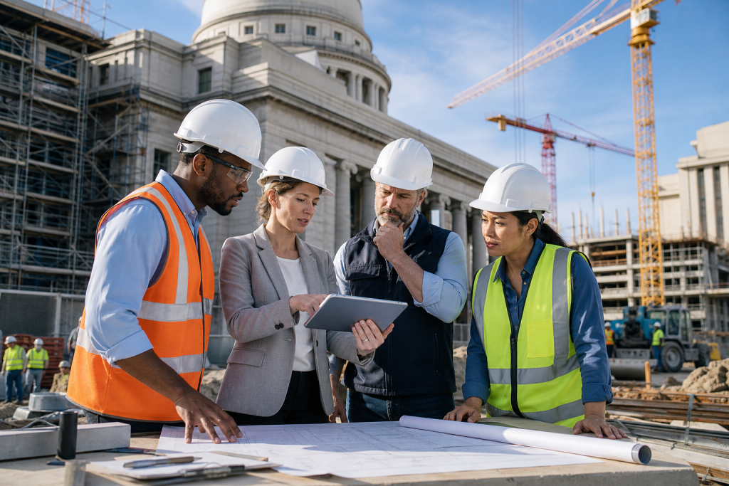 Create a polished editorial-style image showing a small construction company team exploring a U.S. government contracting opportunity: diverse construction professionals in hard hats and business-casual workwear gathered at a modern active construction site, reviewing architectural plans and a tablet with abstract interface elements but no readable text. Include cranes, scaffolding, partially renovated public infrastructure, and a dignified civic or government facility in the background, suggesting renovations, maintenance, and new construction projects. Convey opportunity discovery, careful evaluation, preparation, compliance, and business growth through confident collaboration and organized planning. Natural daylight, realistic photography, professional corporate magazine aesthetic, balanced composition, subtle patriotic architectural cues without flags, logos, branding, captions, or legible writing.