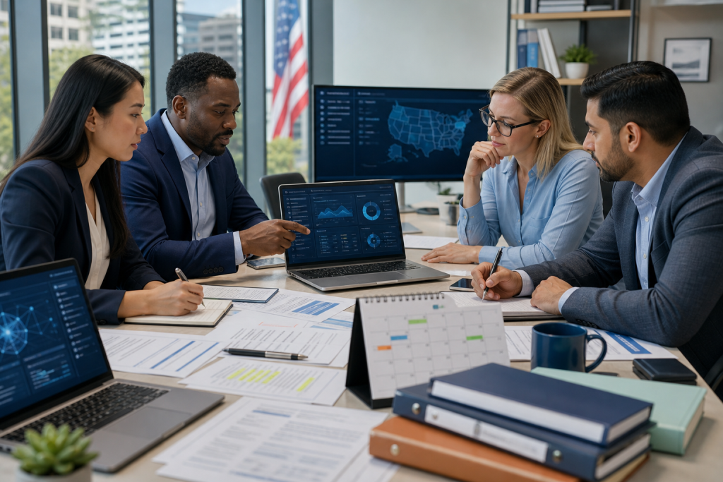 Four business professionals collaborate around a laptop displaying data dashboards in a conference room