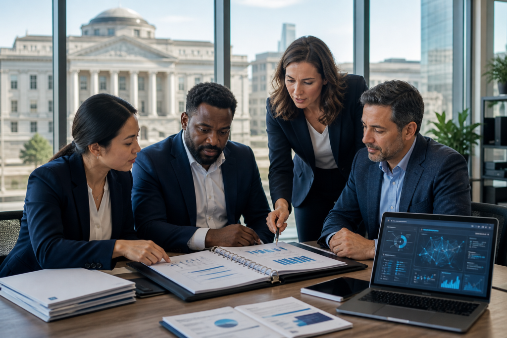 Four business professionals review charts and reports at a conference table, with analytics displayed on a laptop