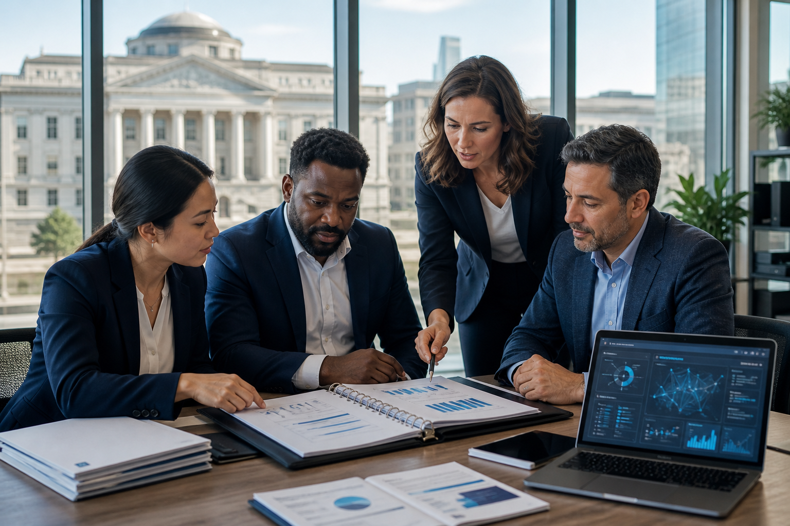 Four business professionals review charts and reports at a conference table, with analytics displayed on a laptop