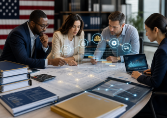 Four professionals review blueprints and project charts around a conference table, with construction and logistics icons overlaid