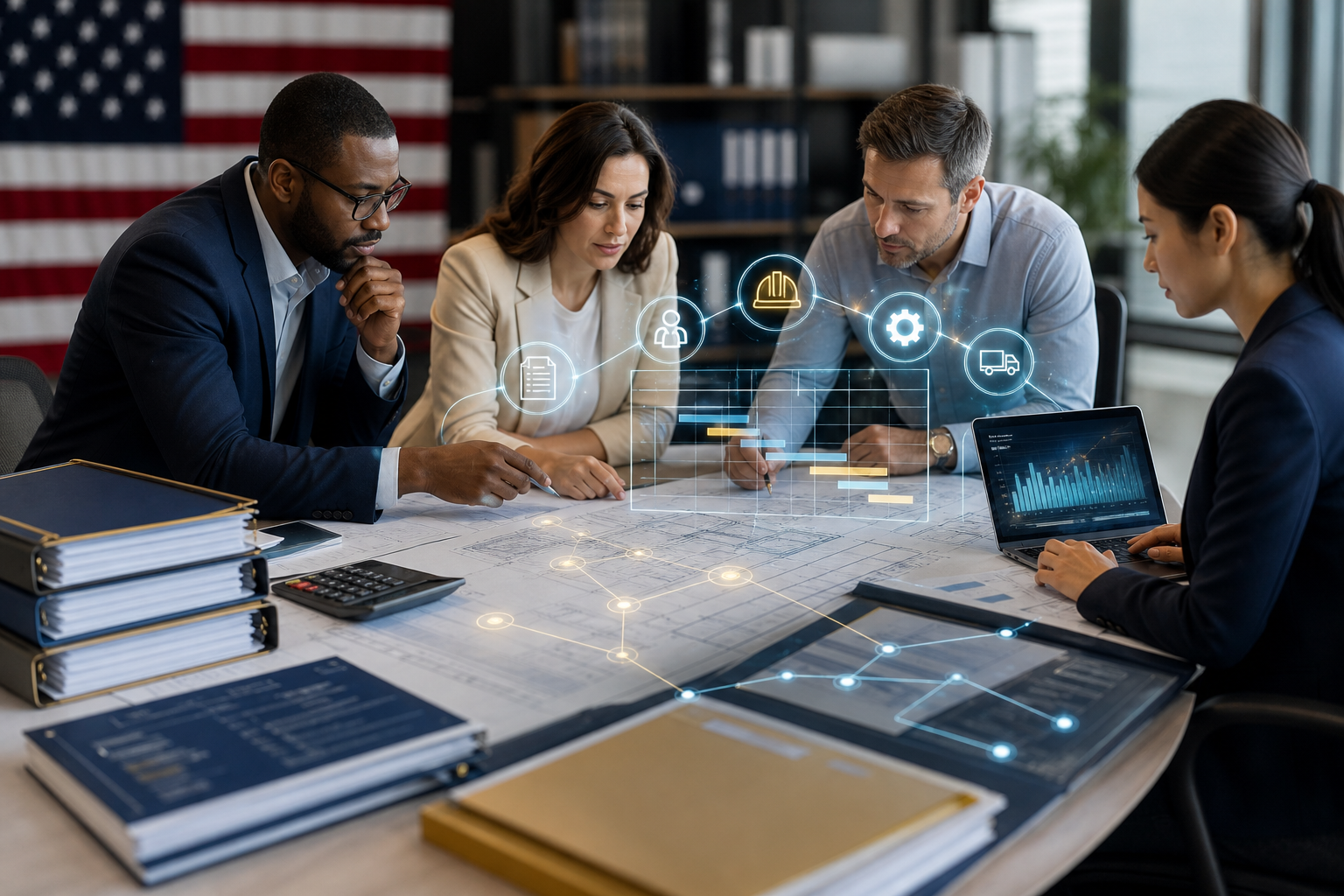 Four professionals review blueprints and project charts around a conference table, with construction and logistics icons overlaid