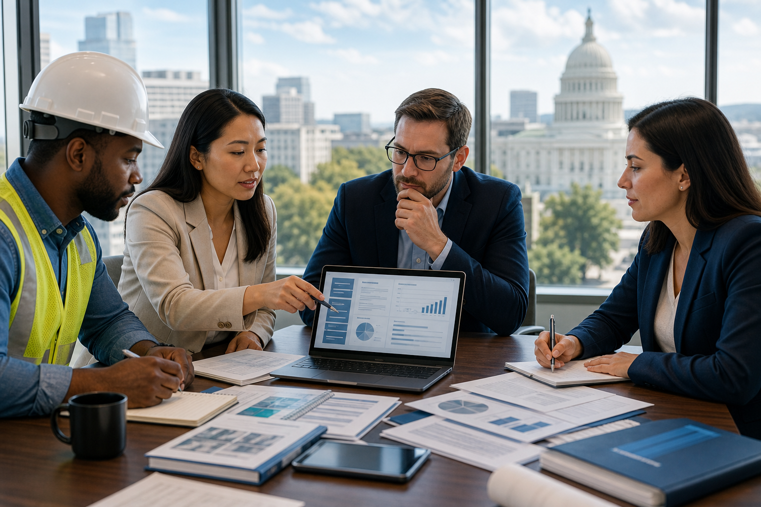 Four professionals review charts and reports around a laptop in an office overlooking the U.S. Capitol