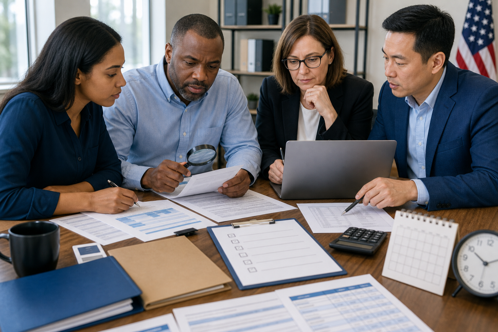 Four professionals review documents and charts around a conference table, with a laptop and magnifying glass