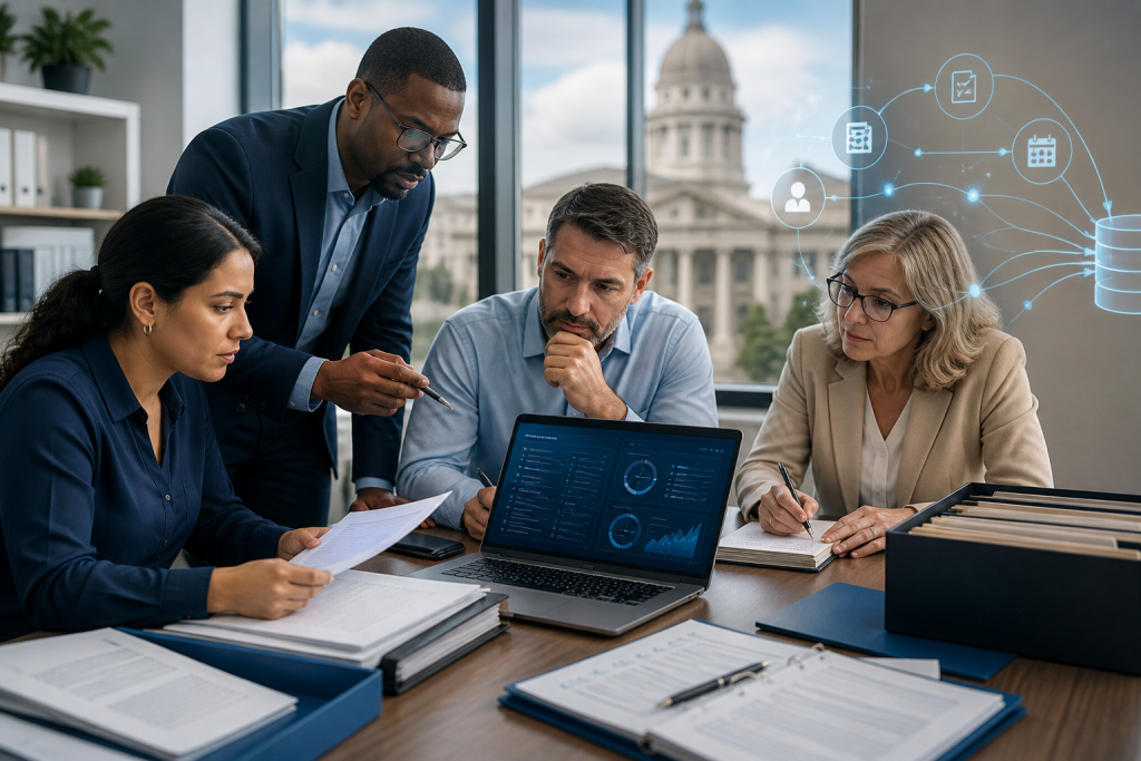 Four professionals review documents and laptop data in an office, with a government building visible through the window