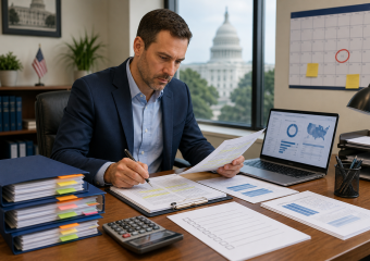 Man in a suit reviews documents and writes at a desk, with charts on a laptop and the U.S. Capitol visible through the window