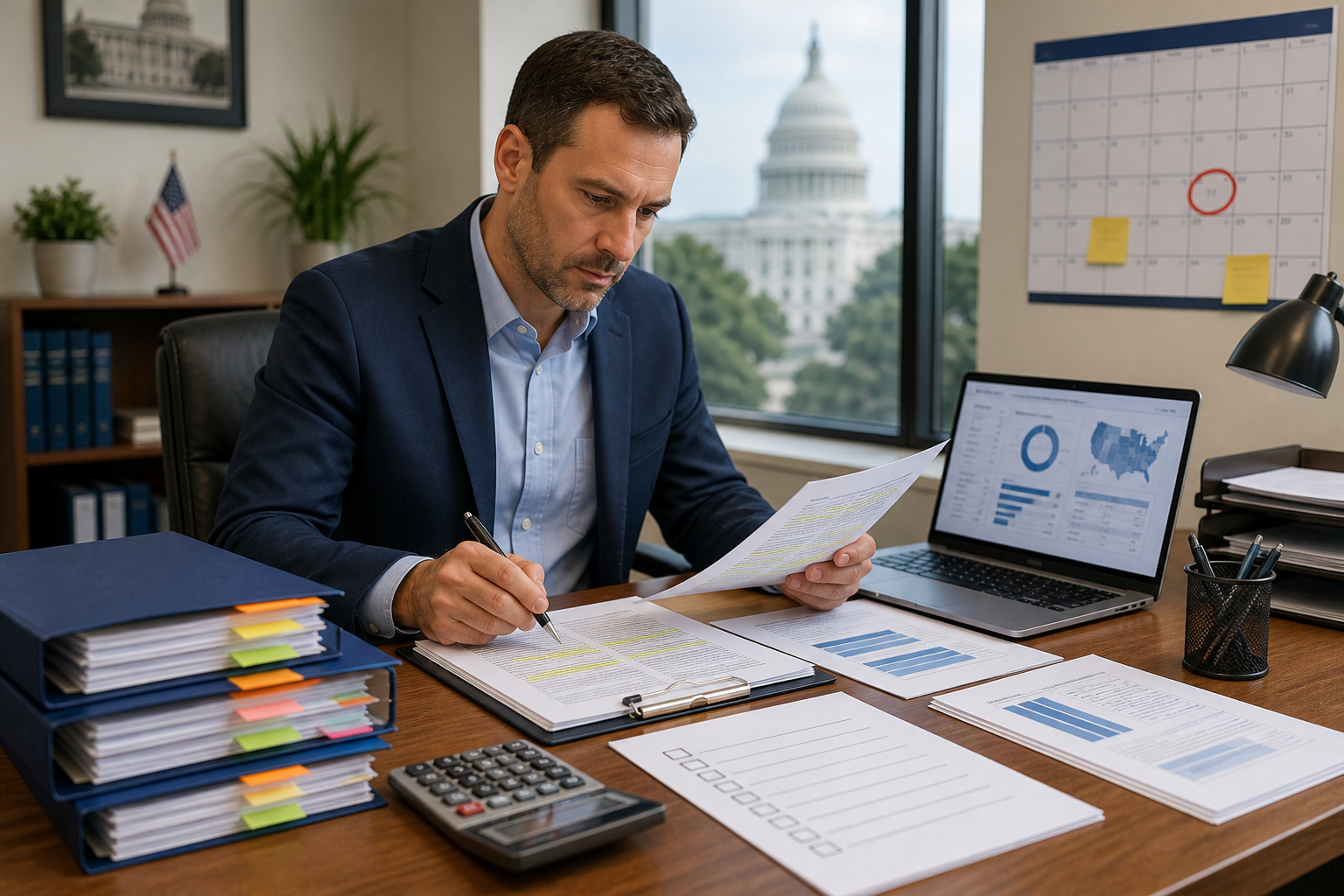 Man in a suit reviews documents and writes at a desk, with charts on a laptop and the U.S. Capitol visible through the window