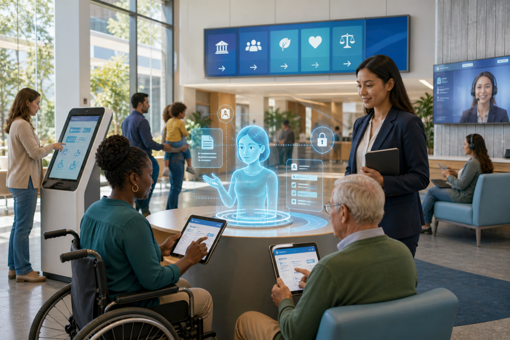 People use accessible digital services in a welcoming lobby, including a wheelchair user, touchscreen kiosks, and a holographic assistant