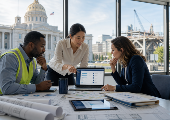 Three professionals review construction plans and a laptop at a table overlooking a domed government building and construction site
