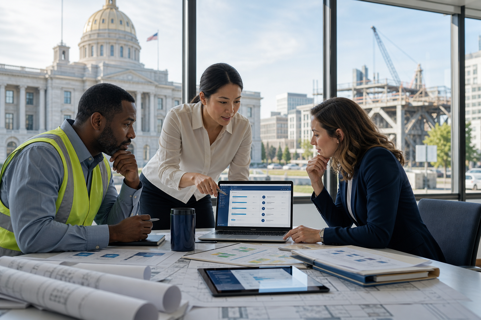 Three professionals review construction plans and a laptop at a table overlooking a domed government building and construction site